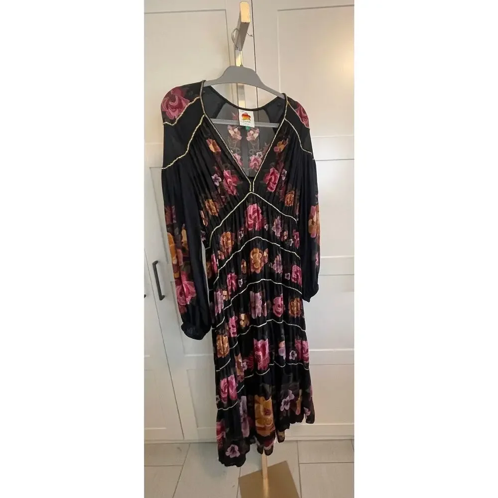 NWOT: FARM Rio Black Chenille Flowers Long Sleeve Midi Dress Size S - Picture 4 of 8